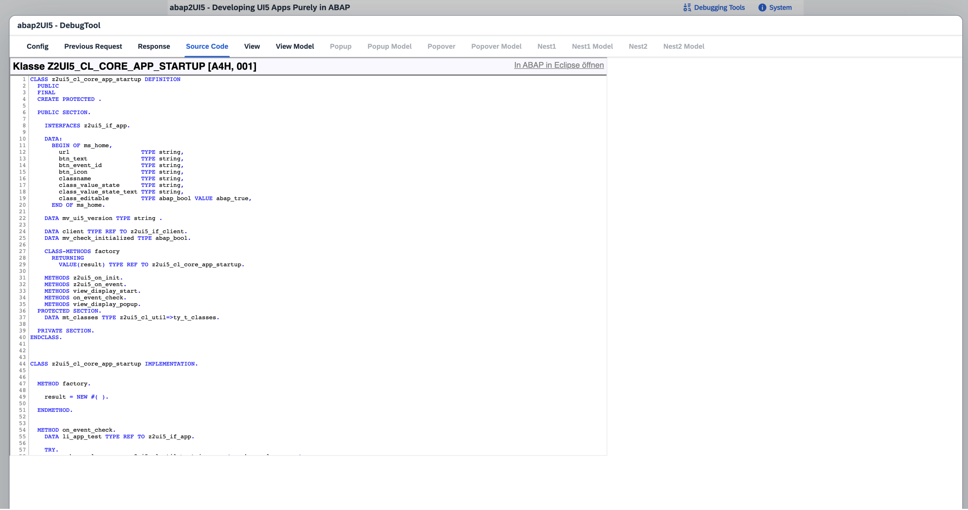 Built-in debugger showing XML View and Data Model inspection