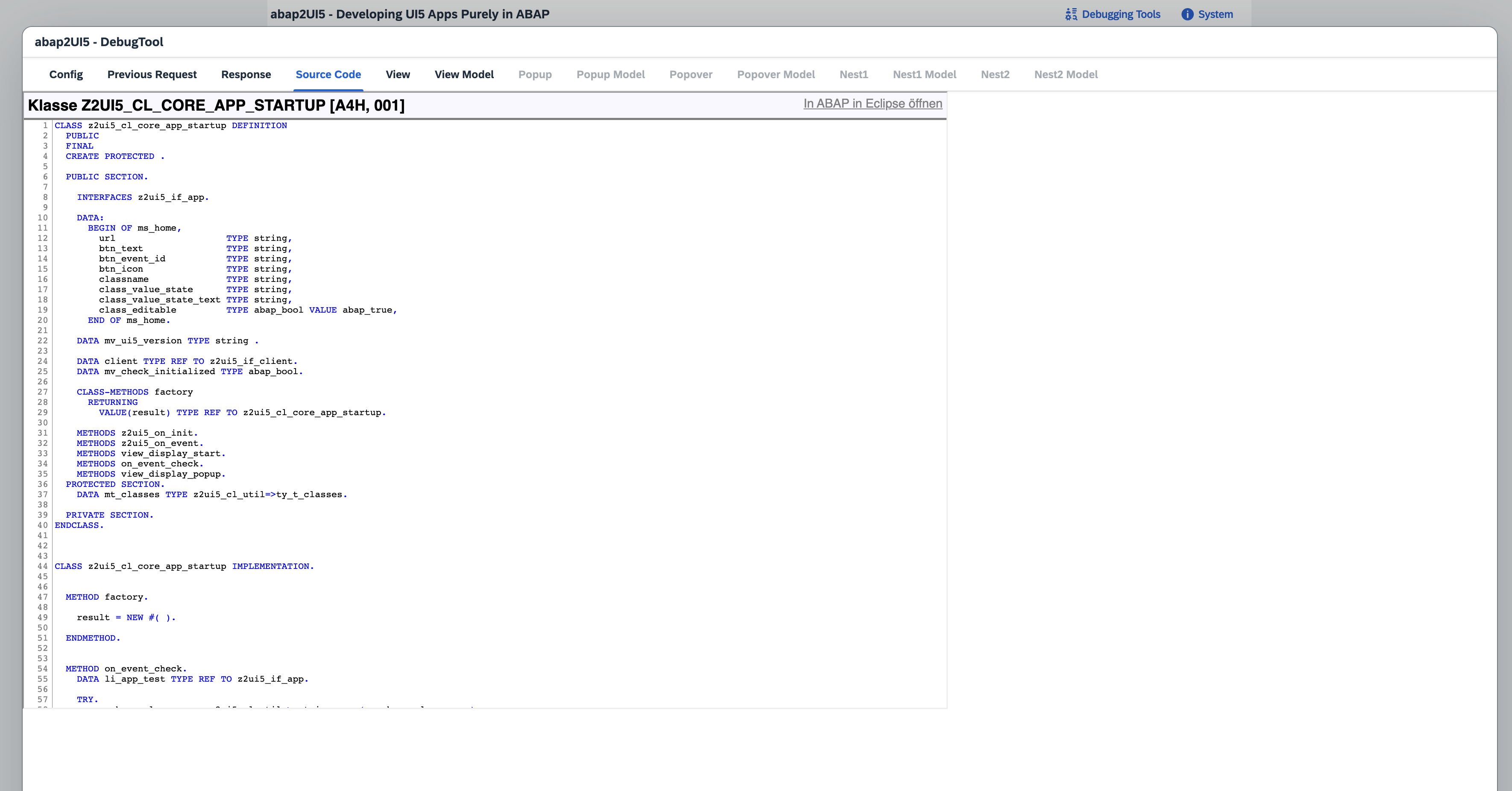 Source code viewer opened with CTRL+F12 showing code, view and model