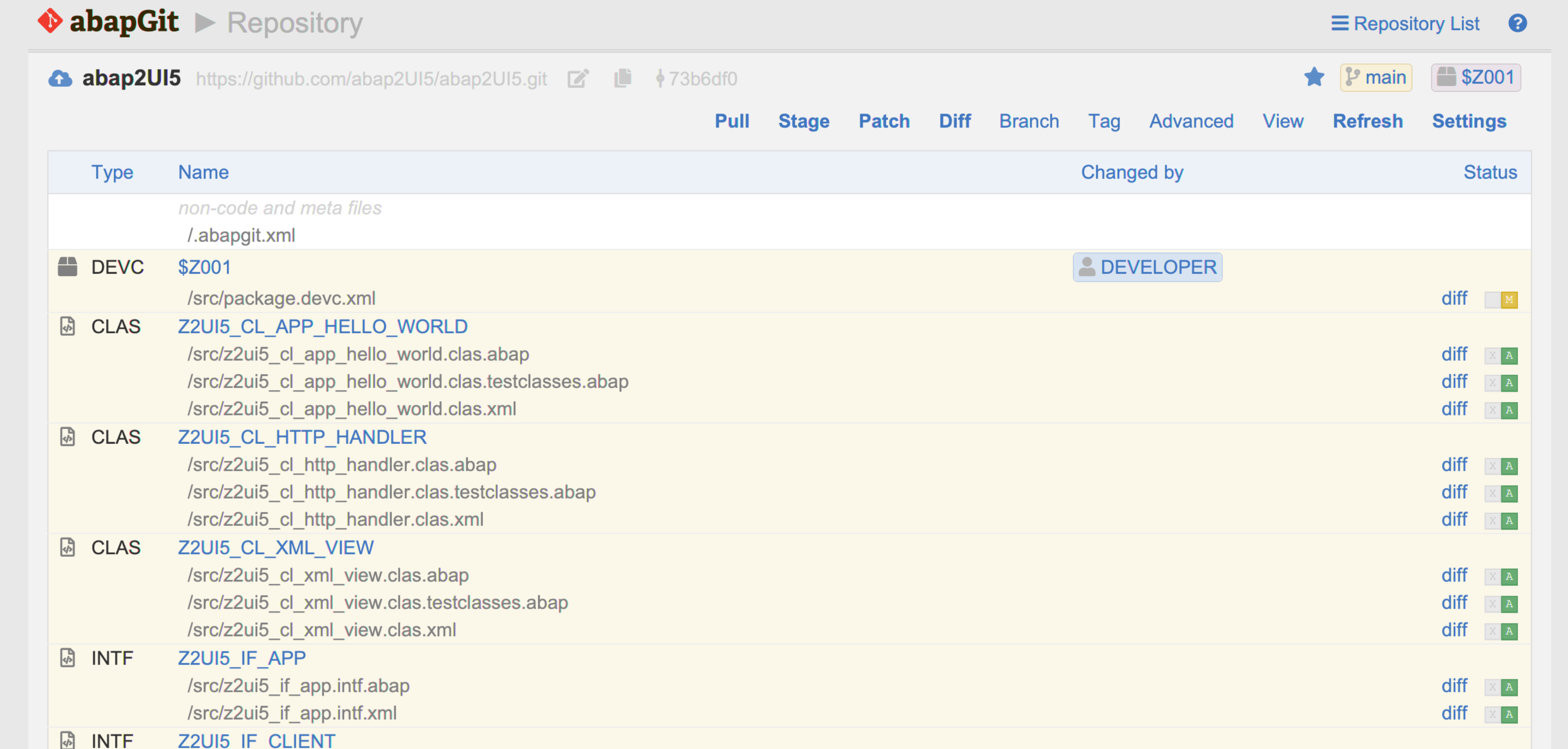 abapGit repository installation screen for abap2UI5