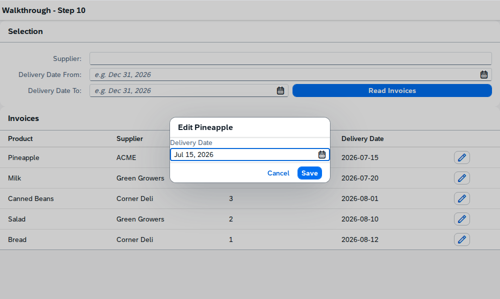 The finished walkthrough app: a table of invoices with a selection form above it, and a dialog editing one row