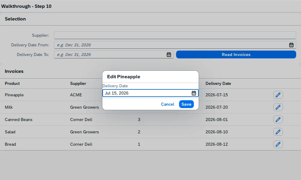 An abap2UI5 app: a selection form above a table of invoices, with a dialog editing one row