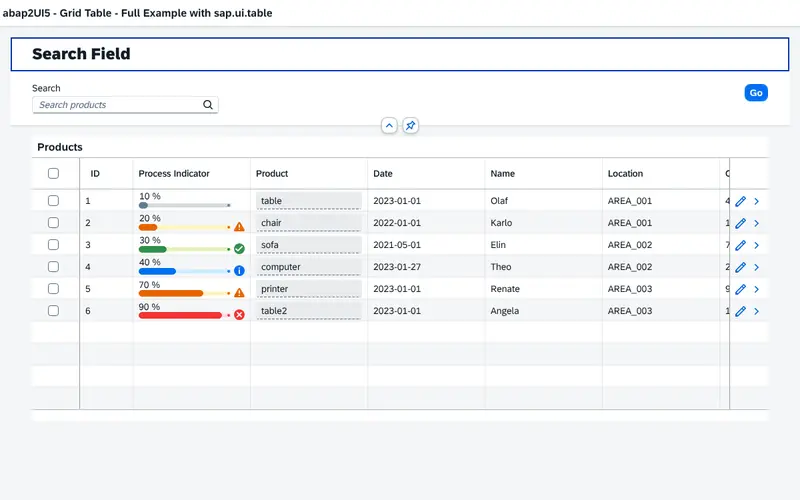 An ALV-style table with search, sort, filter and row actions